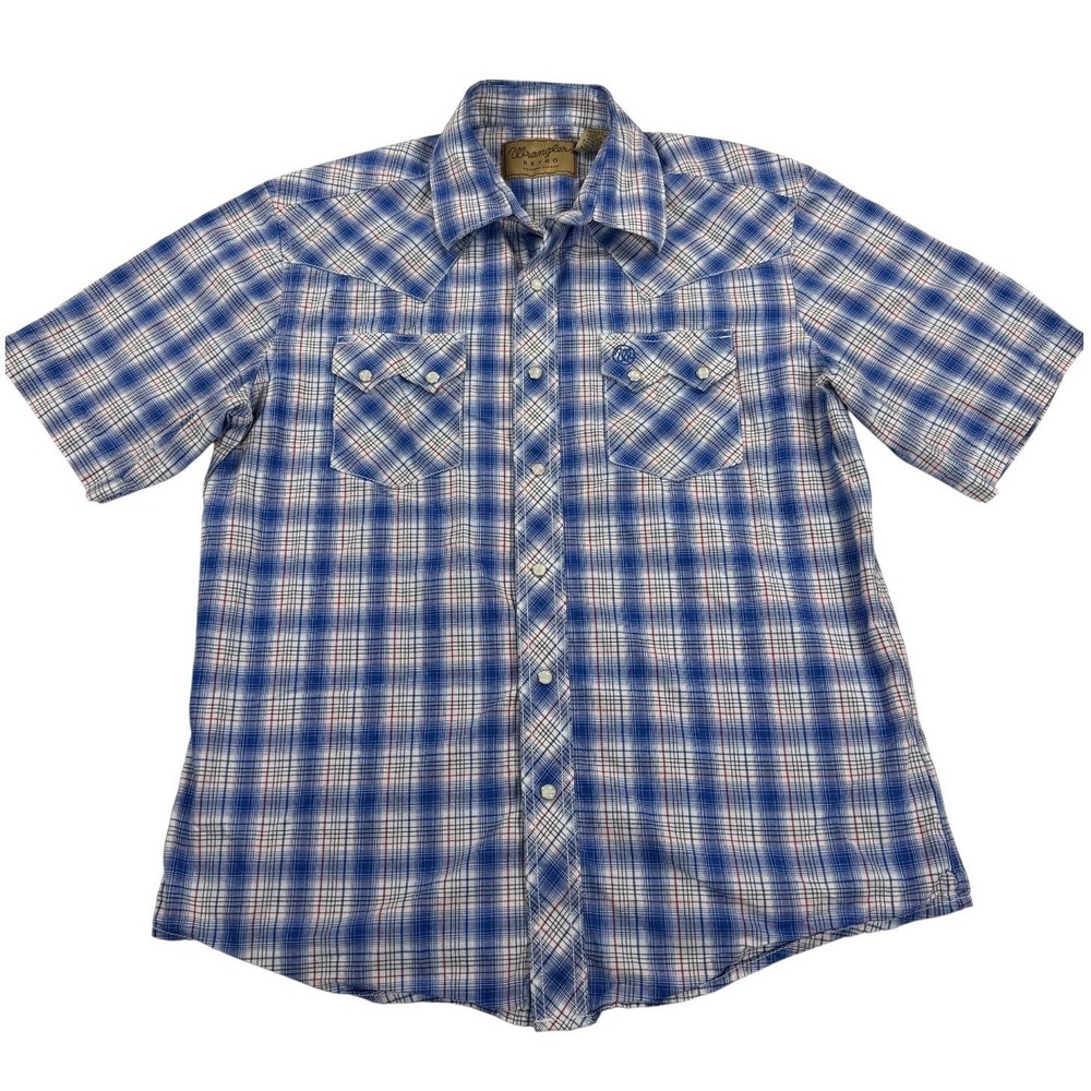 Wrangler Retro Western Shirt Mens Large Blue Plaid Pearl Snap Short Sleeve